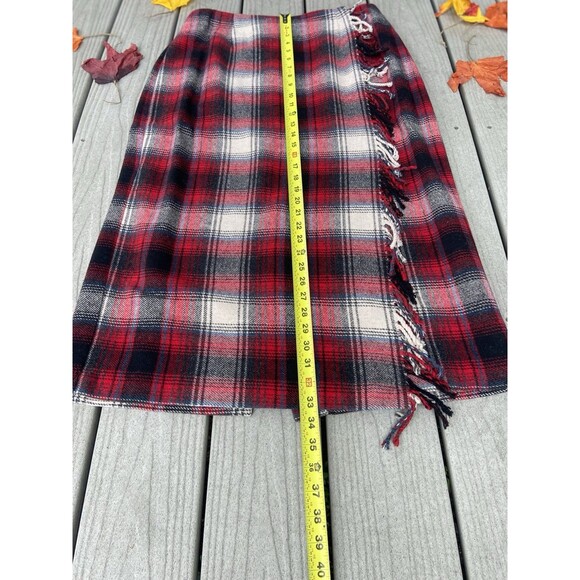 Vintage Talbots Red Plaid Wool Midi Skirt Faux Wrap Fringe Women’s 12 - Picture 5 of 16